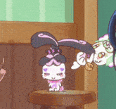 a cartoon bunny is sitting on a stool next to another cartoon bunny