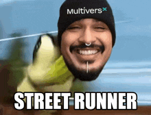 a man wearing a beanie with the word multivers on it is smiling