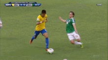 a soccer game is being played on espn and the score is 1-0