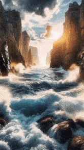 a painting of a large body of water surrounded by rocks and mountains .