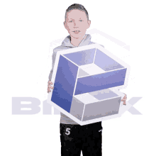 a person holding a blue and gray cube with the letter b on it
