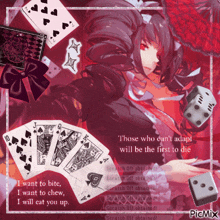 a picture of a girl surrounded by playing cards and dice with the caption i want to bite i want to chew