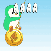 a cartoon of a penguin swinging on a gold coin with the word aaa written above it
