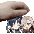 a hand is putting a cartoon character on top of another cartoon character .