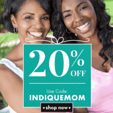 two women are smiling in front of a sign that says 20 off