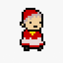 a pixel art drawing of a person wearing a red hat and a white skirt .