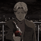 a man in a suit is holding a bottle that says " oak " on it