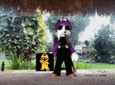 a cartoon character with a purple hat and overalls is standing next to a cartoon character with the letter m on it