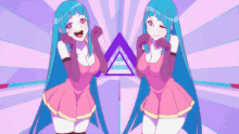 two anime girls with blue hair are standing next to each other with a triangle in the background