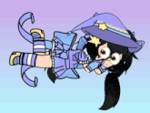 a cartoon drawing of a girl wearing a blue dress and a purple hat