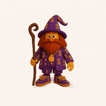 a cartoon wizard with a beard and a cane