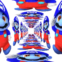 a cartoon character with a blue hat and red overalls is standing in a tunnel