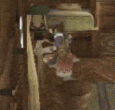 a video game character is standing in a room with a green lamp