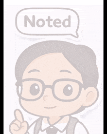 a cartoon character has a speech bubble with the word noted above his head