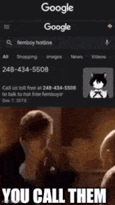 a man in a suit is looking at a google search for femboy hotline .