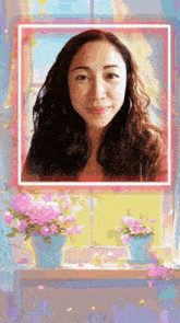a painting of a woman with flowers in front of a window