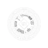 a black and white drawing of buildings in a circle with lanrad written in the middle