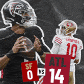 a football player holding a ball next to a sign that says atl 14