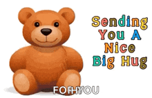 a brown teddy bear is sitting in front of a white background and says `` sending you a nice big hug '' .