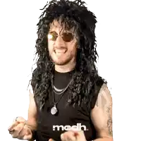 a man wearing a wig and sunglasses is wearing a mcdh shirt