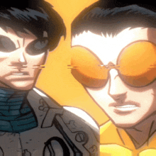 a cartoon drawing of two men wearing sunglasses and a yellow shirt with the letter o on it