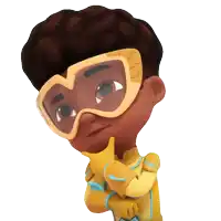 a cartoon character wearing goggles and a yellow costume