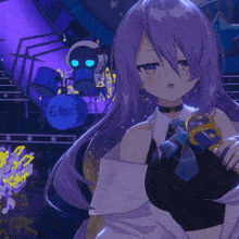 a girl with purple hair is holding a microphone in front of a drum set with the word eclipse on it