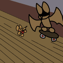 a cartoon of a bat riding a skateboard next to a smaller bat