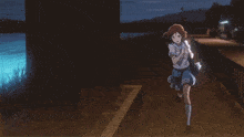 a girl in a school uniform is running with a blue background