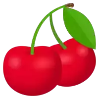 two red cherries with green stems and leaves