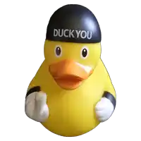 a yellow rubber duck with a black helmet that says duck you on it