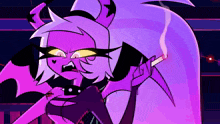 a cartoon character with purple hair and horns is smoking a cigarette in a dark room .