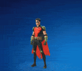 a man in a red and black superhero costume with a robin logo on his chest