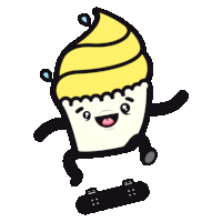 a cartoon cupcake is jumping on a skateboard with a yellow frosting
