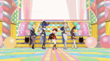 a group of anime characters dancing on a stage with balloons in the background