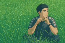 a man sitting in a field of tall grass