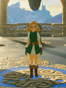 a girl in a green dress and brown boots stands in a video game