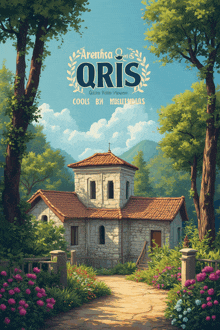a painting of a house with the word qris on the bottom
