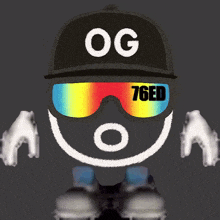 a person wearing sunglasses and a hat that says og 76ed on it