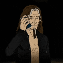 a cartoon of a shirtless man with long hair talking on a cell phone