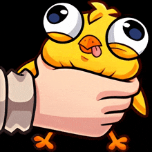 a cartoon of a hand holding a yellow chicken with its tongue out