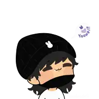 a drawing of a person wearing a black beanie with a bunny on it and the word yoongi on it