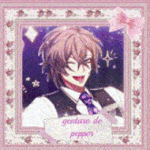 a picture of a man in a suit and tie with a sign that says gentaro de pepper .