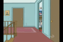 a cartoon of a hallway with a staircase and a door that says abc on it