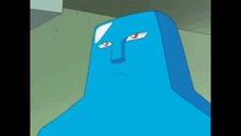 a cartoon drawing of a blue cube with a surprised look on his face