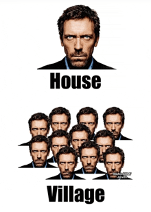 a picture of a man with the words house and village below it