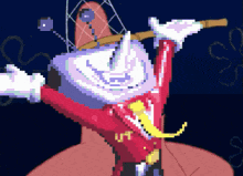 a pixel art drawing of patrick from spongebob squarepants holding a telescope