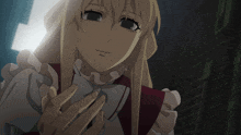 a blonde anime character is reaching out her hand towards the camera