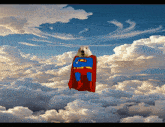 a squirrel dressed in a superman costume is flying through the clouds