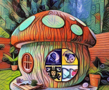 a colorful painting of a mushroom house with a few windows